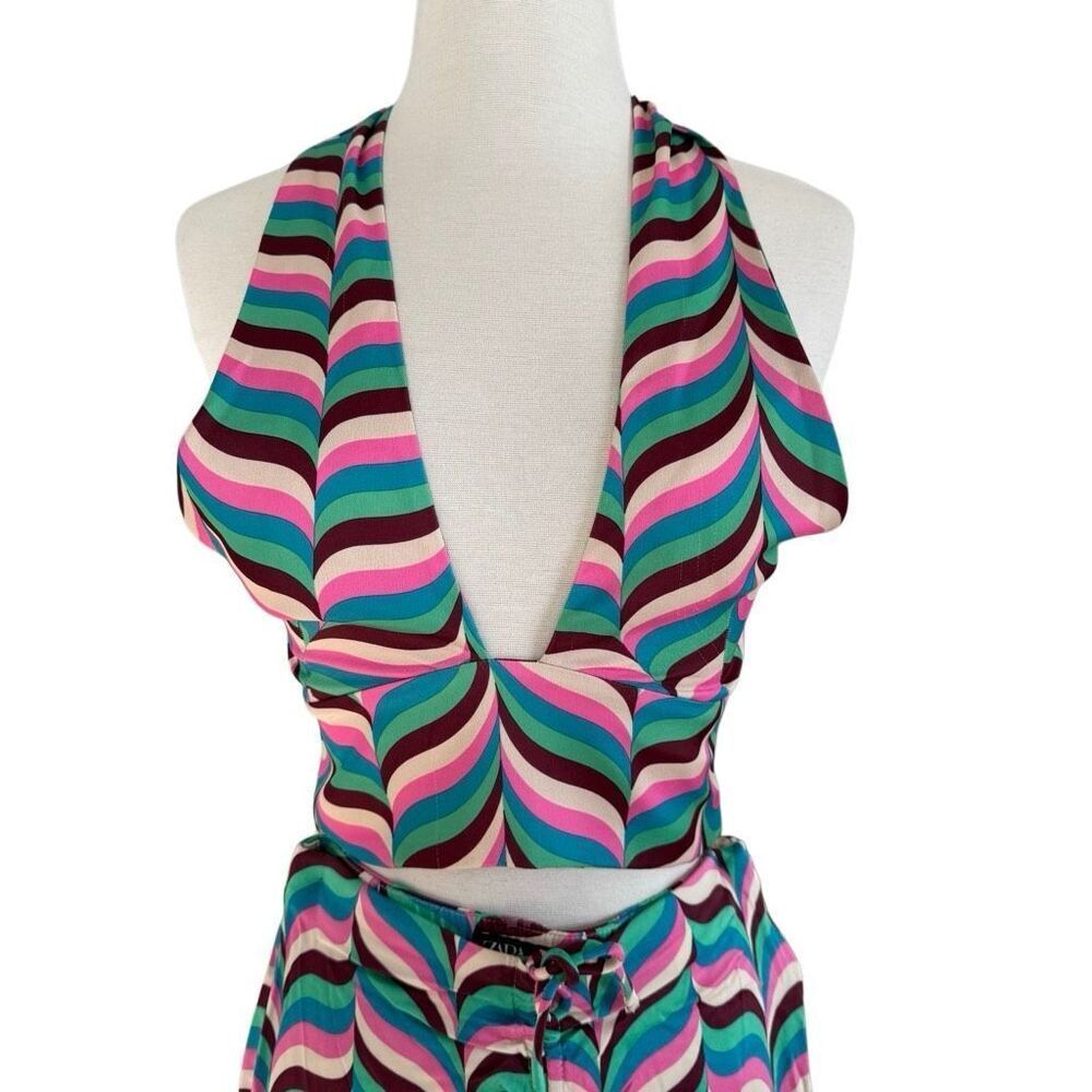 Zara Psychedelic Multicolor Wide Leg Flare Halter Top Two Piece Set Size Small - Picture 5 of 12